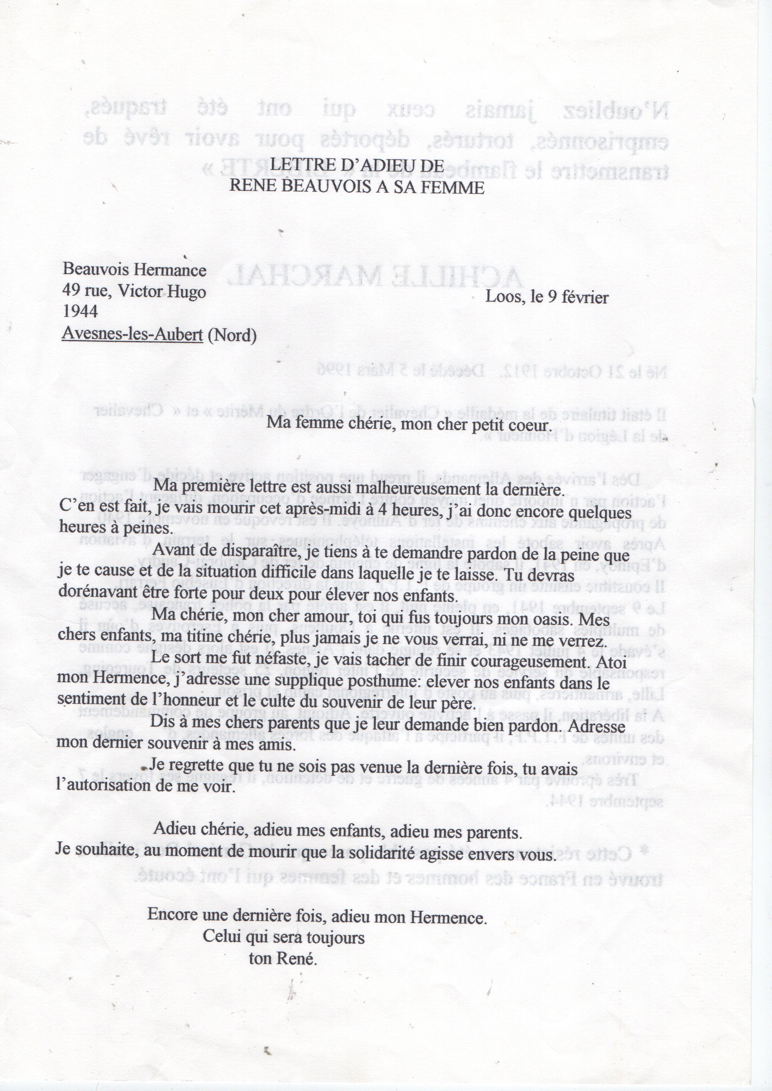 Lettre d’adieu René Beauvois